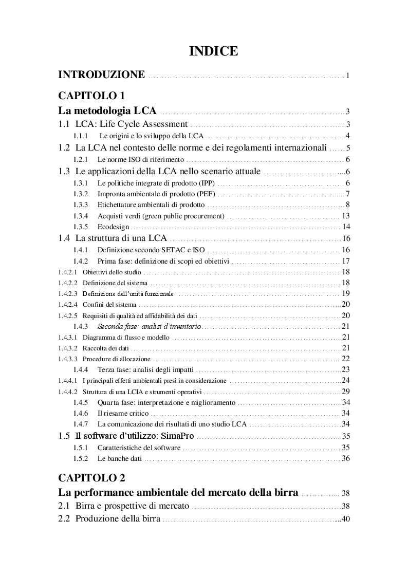 Indice della tesi: Applicazione della metodologia Life Cycle Assessment alla produzione della birra, Pagina 1