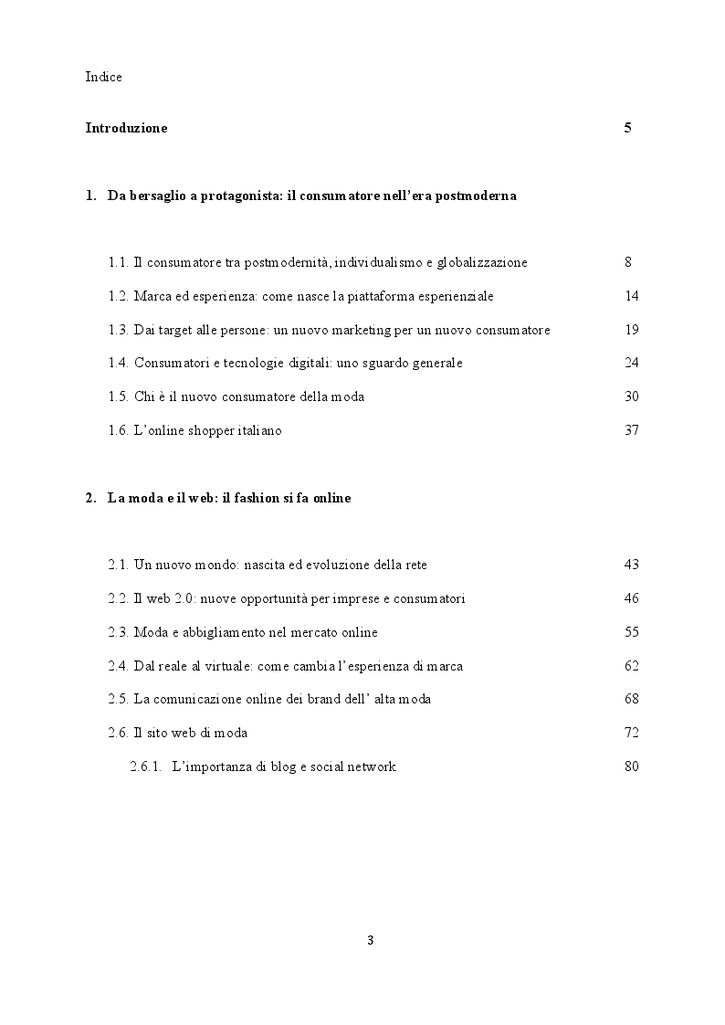 Indice della tesi: E-fashion ed e-commerce: come il virtuale diventa esperienziale nel negozio online, Pagina 1