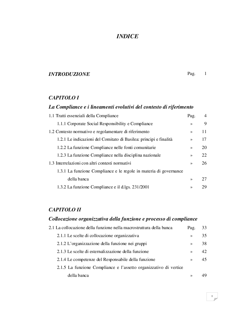 Indice della tesi: La Compliance nel Sistema dei Controlli Interni delle banche. Un caso di outsourcing., Pagina 1