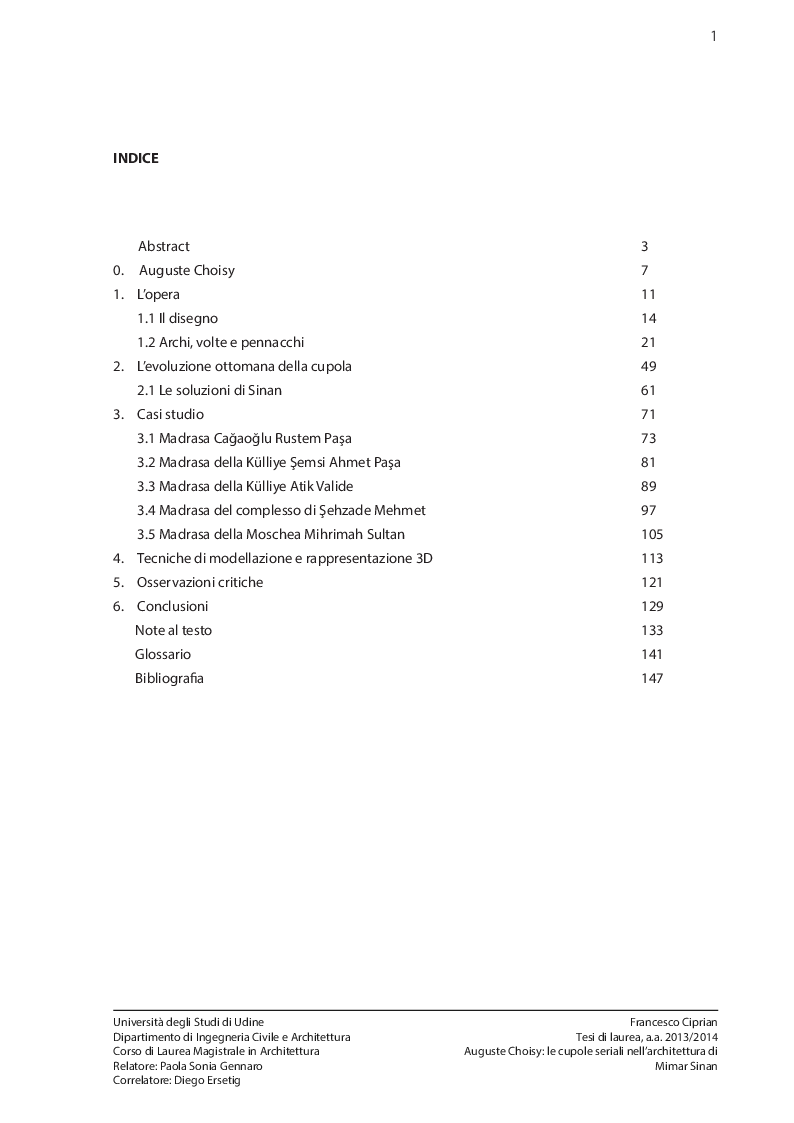 Indice della tesi: Auguste Choisy: le cupole seriali nell'architettura di Mimar Sinan, Pagina 1
