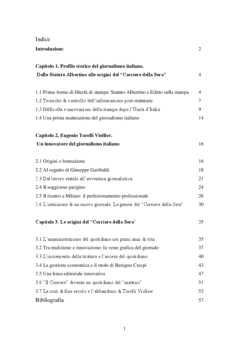 Indice della tesi: Un pioniere del giornalismo italiano: Eugenio Torelli Viollier e le origini del Corriere della Sera, Pagina 1