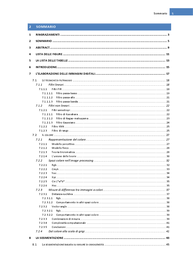 Indice della tesi: Algoritmi e tecniche di Segmentazione delle immagini, Pagina 1