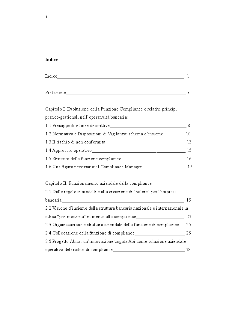 Indice della tesi: Compliance e Audit - Operatività della funzione e stato dell'arte: sensibilità del sistema bancario e approcci innovativi, Pagina 1