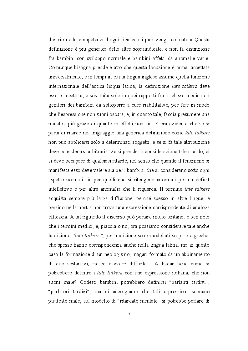 Estratto dalla tesi: I bambini che parlano tardi (Late talkers)