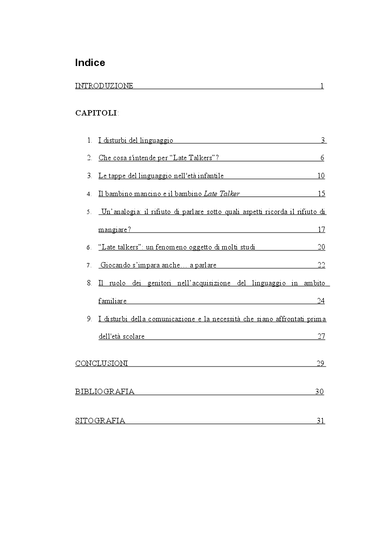 Indice della tesi: I bambini che parlano tardi (Late talkers), Pagina 1