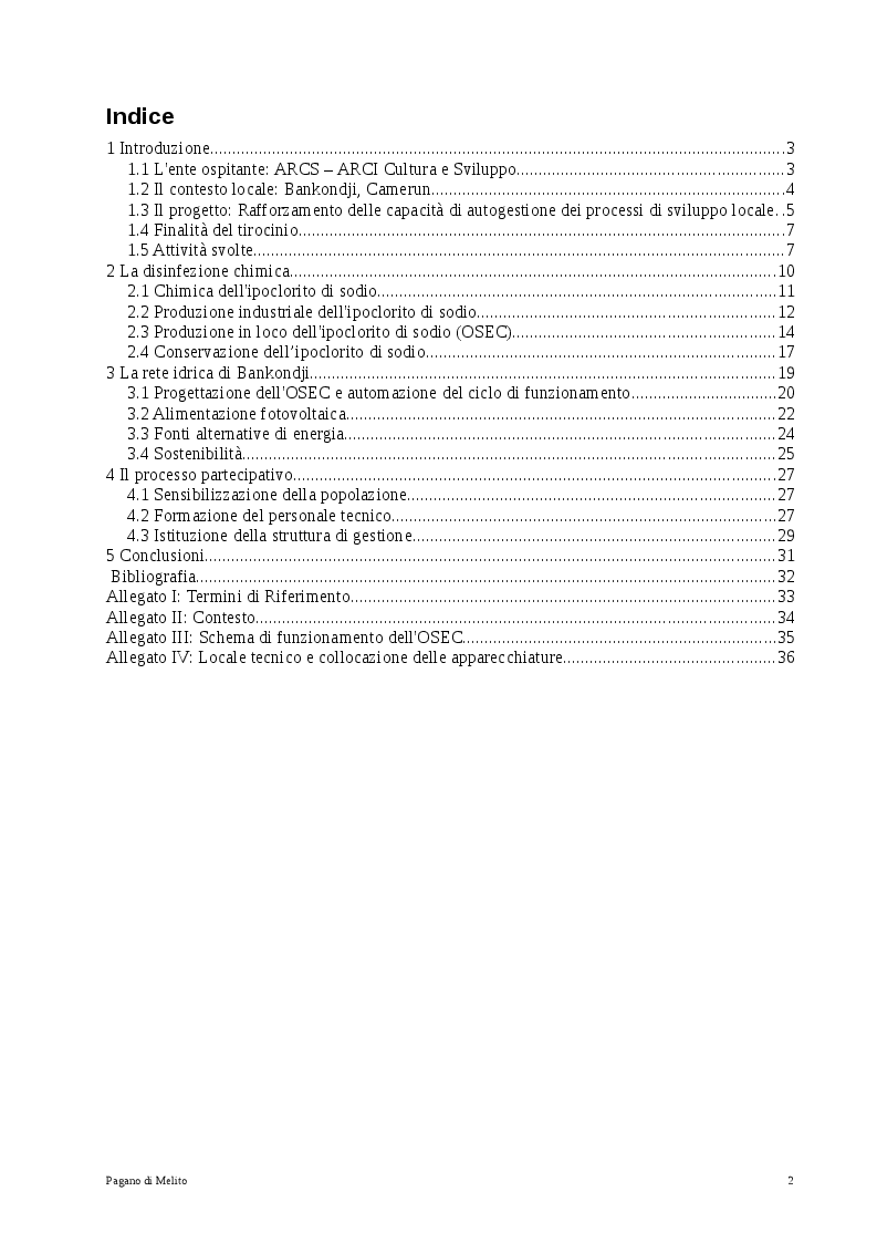 Indice della tesi: Configurazione innovativa di un OSEC per la potabilizzazione automatica dell'acqua nell'ambito della riqualificazione della rete idrica di Bankondji, Camerun, Pagina 1