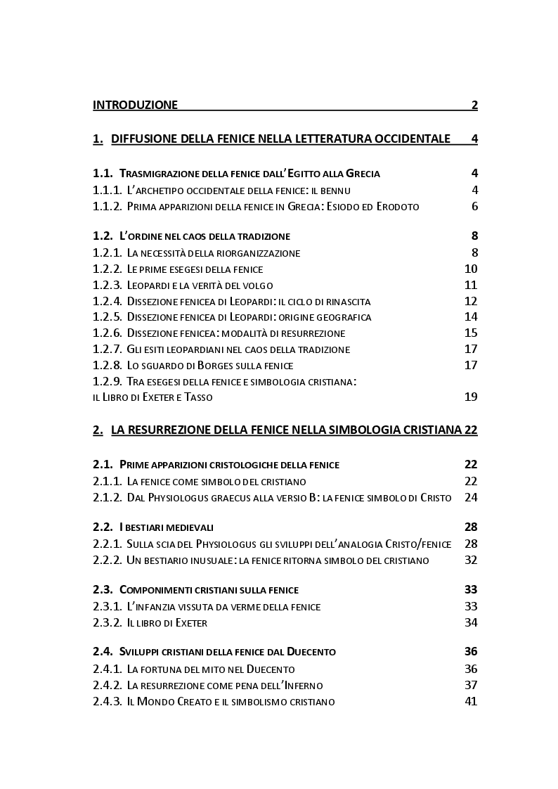 Indice della tesi: Resurrezione e amore. Simbologie della fenice nella letteratura occidentale, Pagina 1