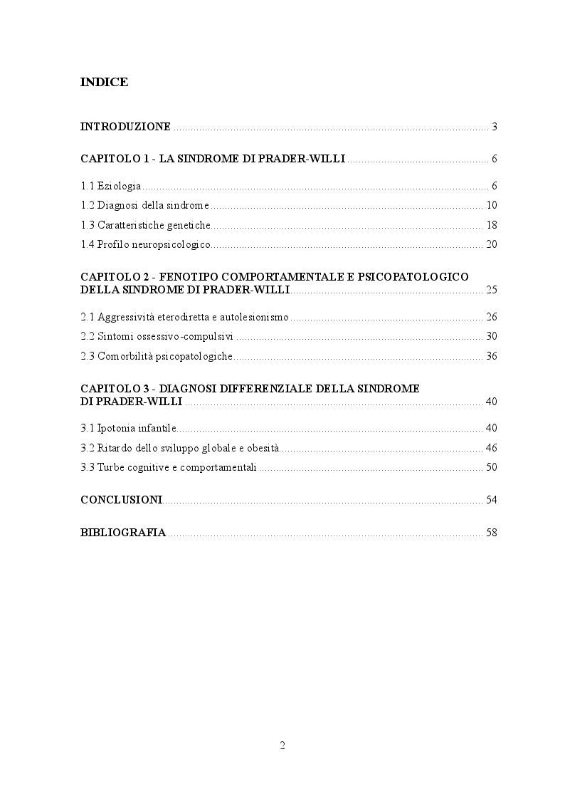 Indice della tesi: La Sindrome di Prader-Willi: complessità fenotipiche e diagnosi differenziale, Pagina 1