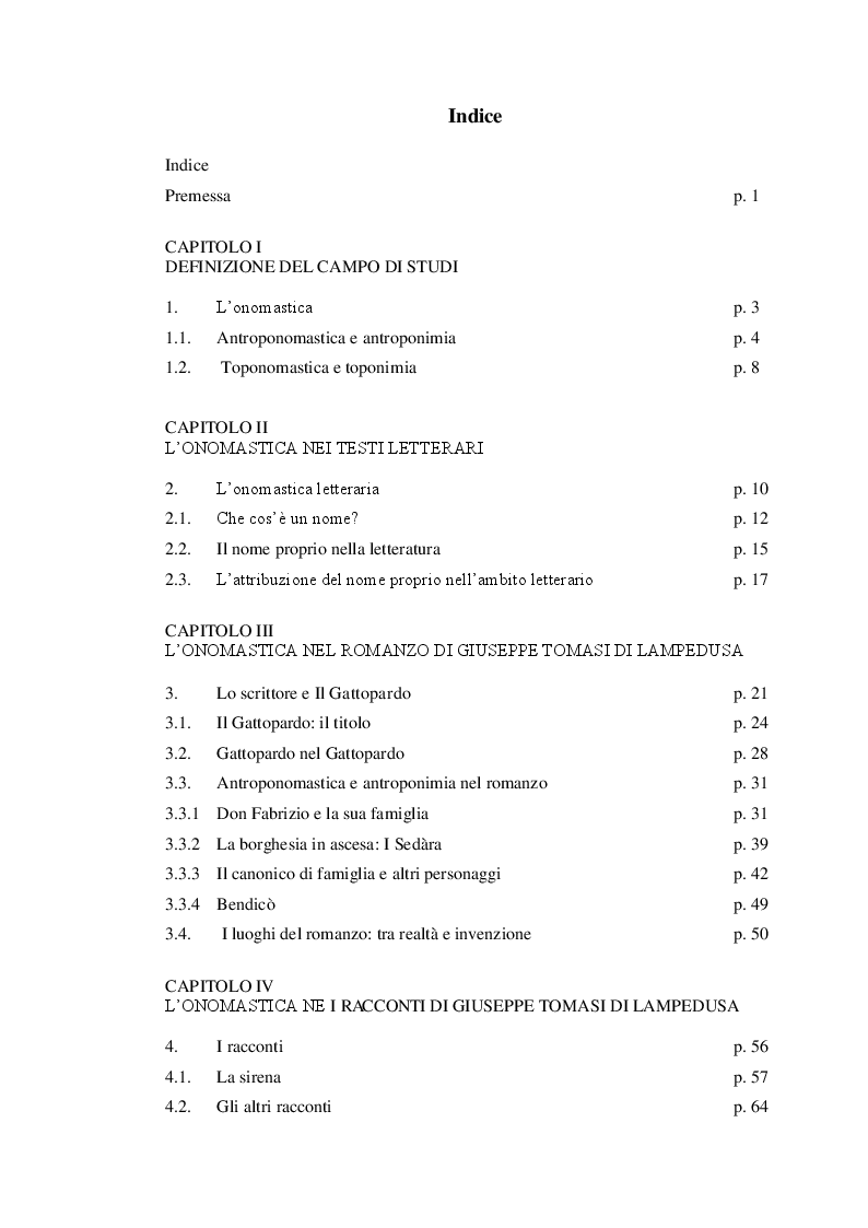 Indice della tesi: L'onomastica nelle opere di Giuseppe Tomasi di Lampedusa, Pagina 1
