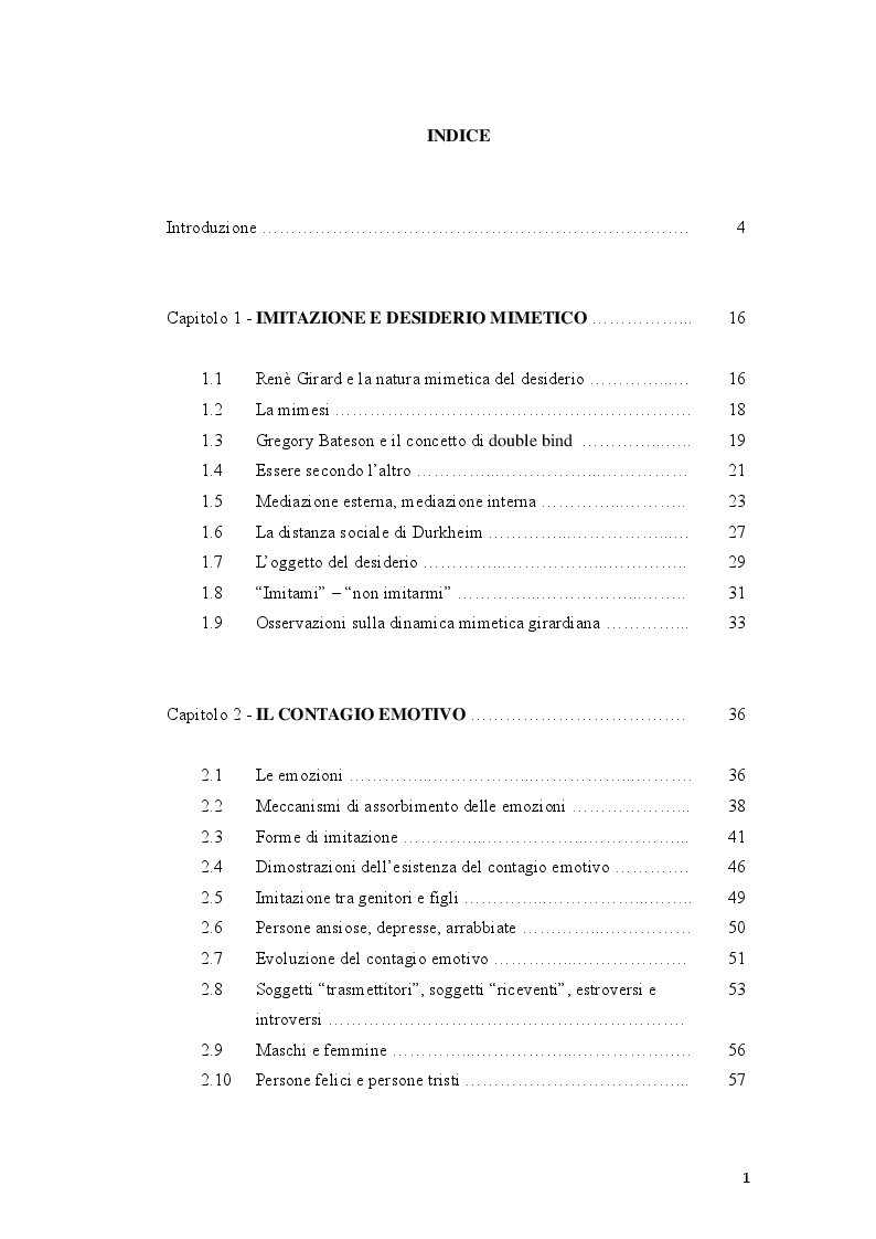 Indice della tesi: Il processo imitativo tra desiderio, rispecchiamento ed empatia, Pagina 1