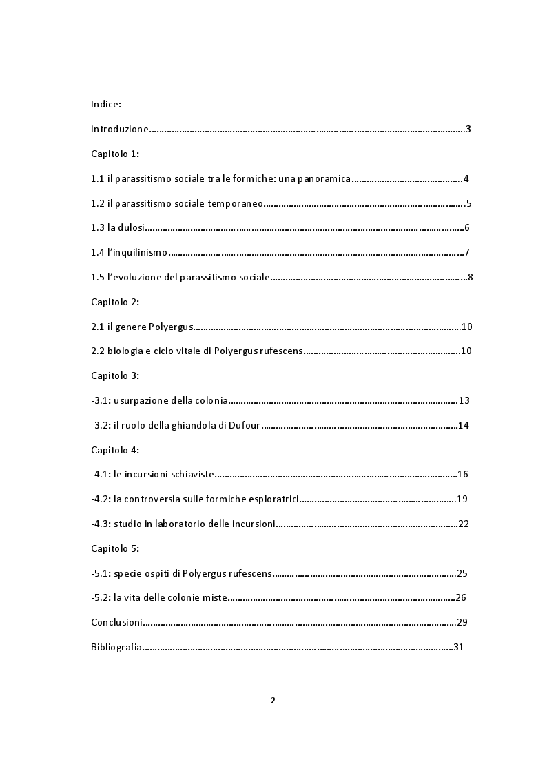 Indice della tesi: Forme di parassitismo sociale nella formica schiavista Polyergus rufescens, Pagina 1