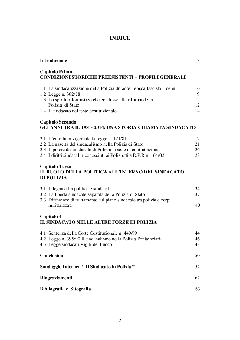 Indice della tesi: Il sindacato nella Polizia di Stato: dal riconoscimento legislativo alle più recenti riforme, Pagina 1