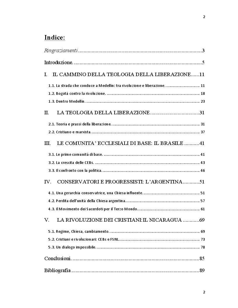 Indice della tesi: La Teologia della Liberazione in America Latina: dalla parola di Dio alla rivoluzione dei cristiani., Pagina 1