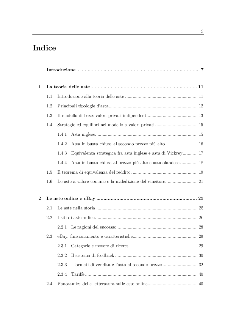 Indice della tesi: Il fenomeno delle offerte all'ultimo minuto nelle aste di eBay: motivazioni strategiche ed evidenze empiriche, Pagina 1