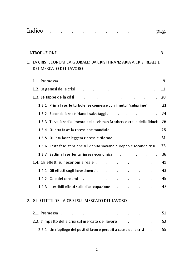 Indice della tesi: L’impatto della crisi sul mercato del lavoro giovanile: come evitare una lost generation?, Pagina 1
