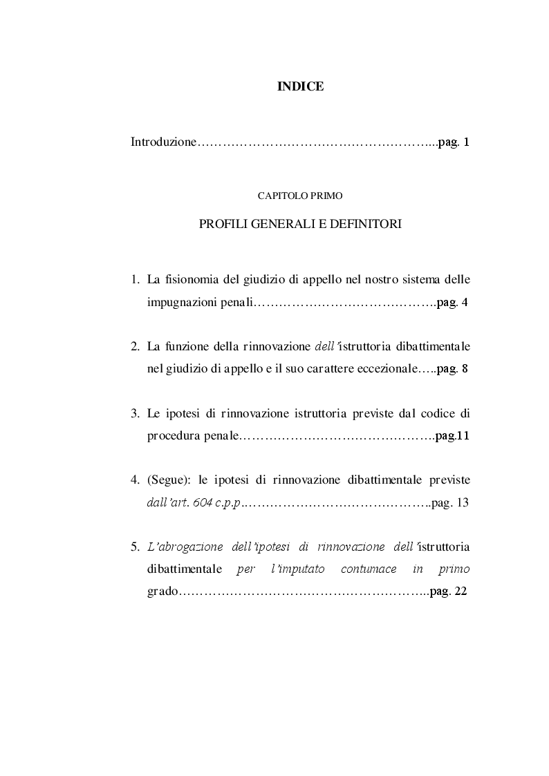 Indice della tesi: La rinnovazione dell'istruttoria dibattimentale nel giudizio di appello, Pagina 1