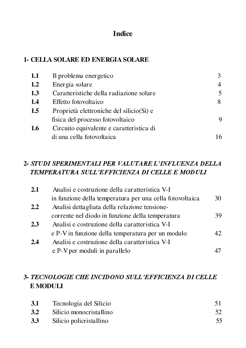 Indice della tesi: Analisi delle problematiche elettrotermiche e tecnologiche nella progettazione efficiente di impianti fotovoltaici, Pagina 1