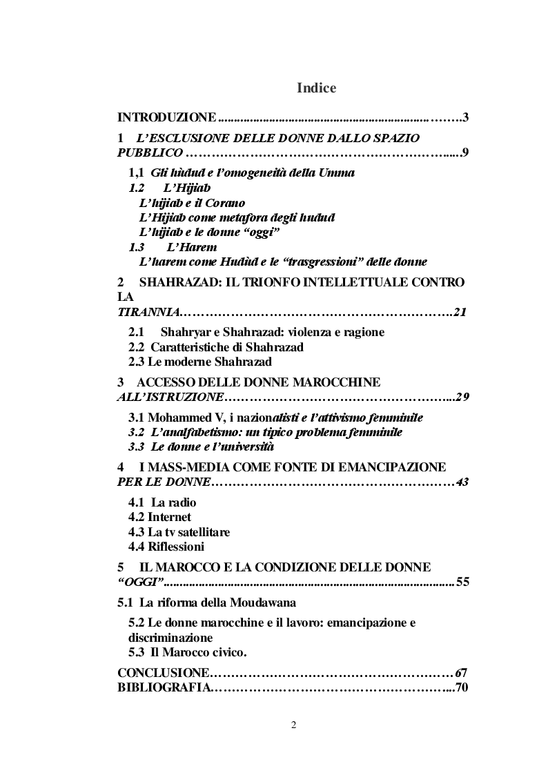 Indice della tesi: L’accesso al sapere come fonte di emancipazione della donna in Marocco secondo Fatema Mernissi, Pagina 1