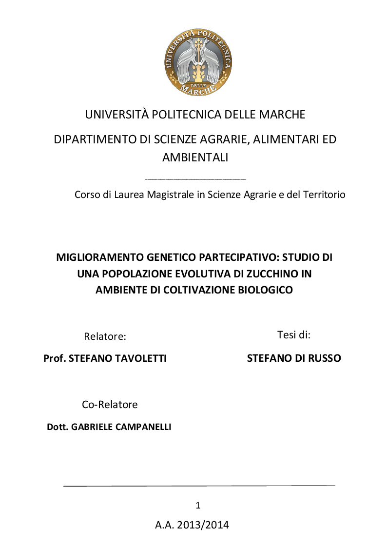 Anteprima della tesi: Miglioramento genetico partecipativo: ''studio di una popolazione evolutiva di zucchino in ambiente di coltivazione biologico''., Pagina 1