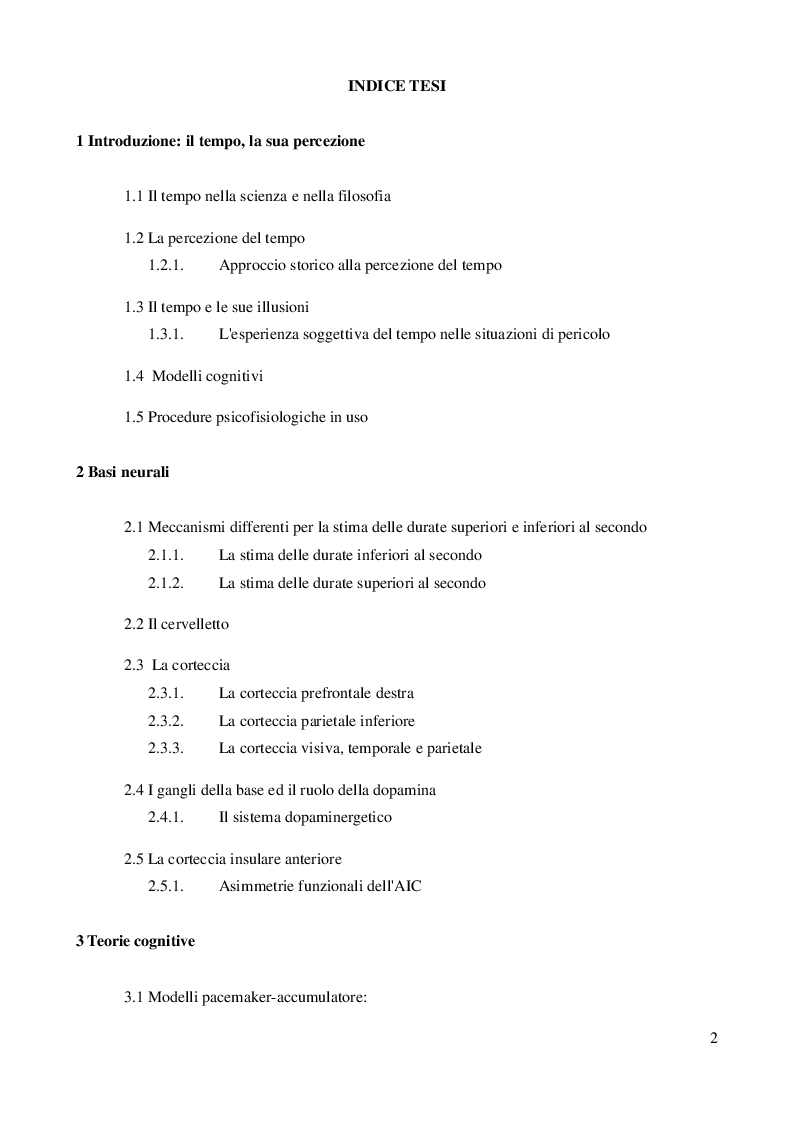 Indice della tesi: La percezione del tempo: basi neurali e teorie cognitive, Pagina 1