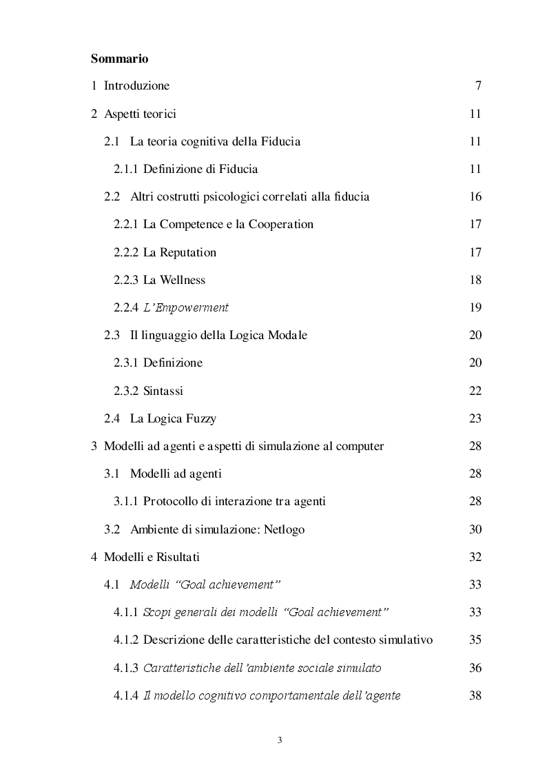 Indice della tesi: Studio del ruolo della fiducia nelle relazioni interpersonali tramite simulazione di modelli ad agenti, Pagina 1