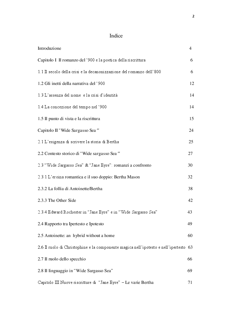 Indice della tesi: La voce di Bertha Mason in Wide Sargasso Sea e in altre riscritture di Jane Eyre, Pagina 1