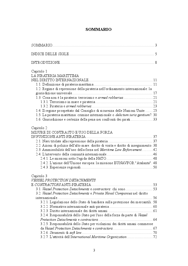 Indice della tesi: Vessel Protection Detachments e contractors nella lotta alla pirateria marittima, Pagina 1