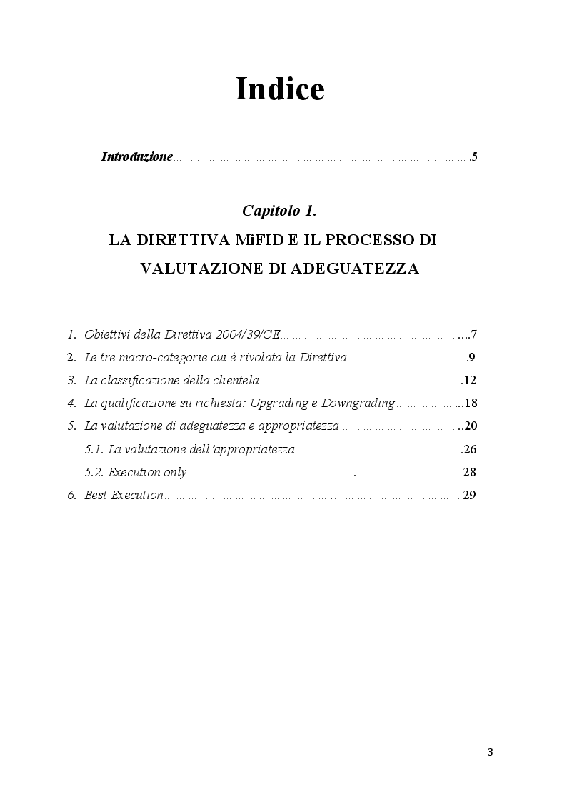 Indice della tesi: La valutazione dell’adeguatezza nel servizio di consulenza agli investimenti, Pagina 1