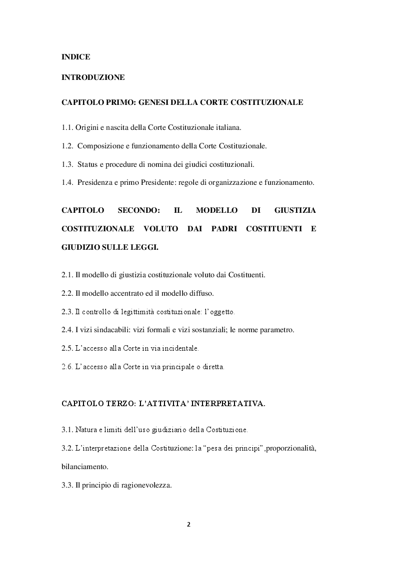 Indice della tesi: “…..la Corte Costituzionale vestale della Costituzione…..” e sua attività interpretativa, Pagina 1