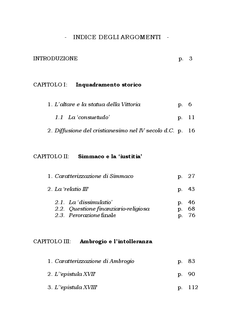 Indice della tesi: Altare della Vittoria: una controversia tra pagani e cristiani nel IV sec. d.C., Pagina 1