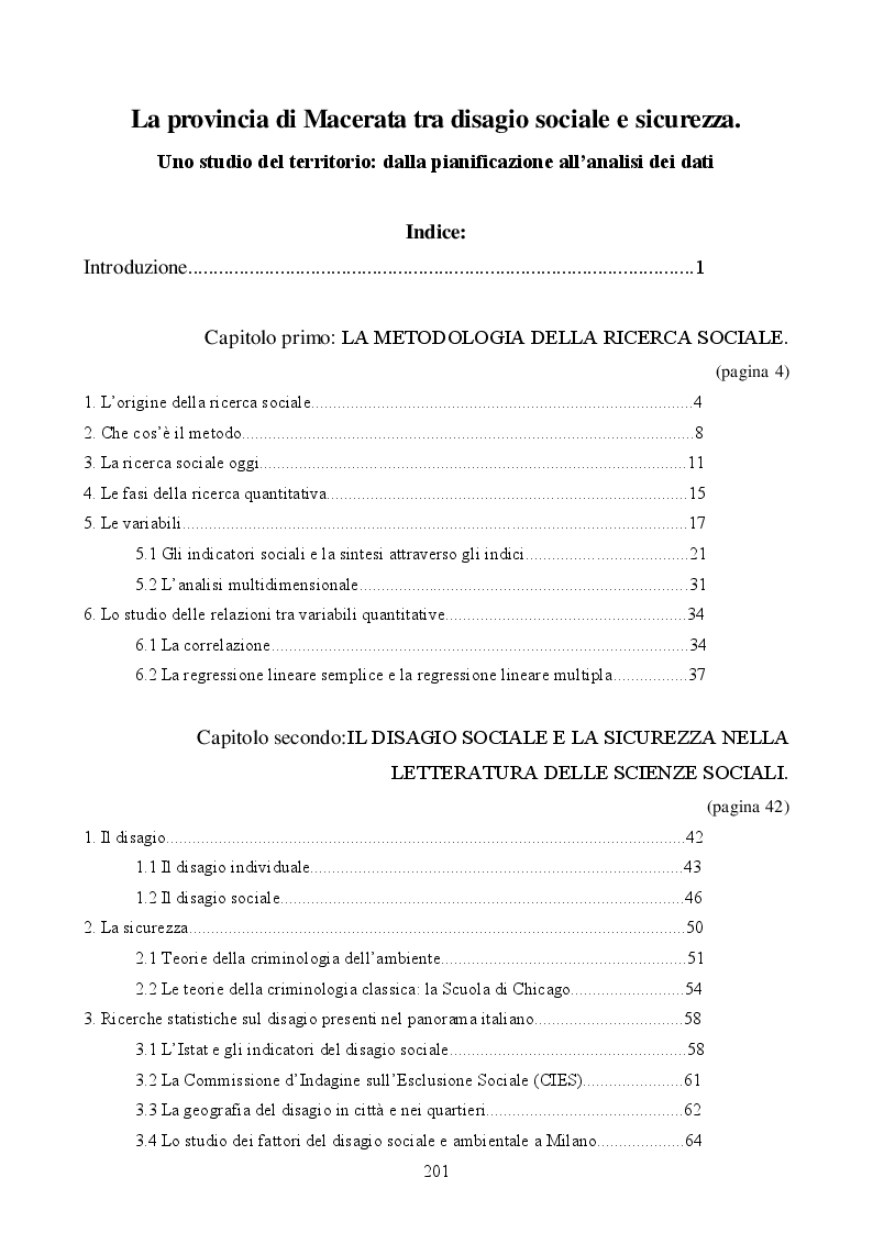 Indice della tesi: La provincia di Macerata, tra disagio sociale e sicurezza - Uno studio statistico del territorio: dalla pianificazione all'analisi dei dati, Pagina 1
