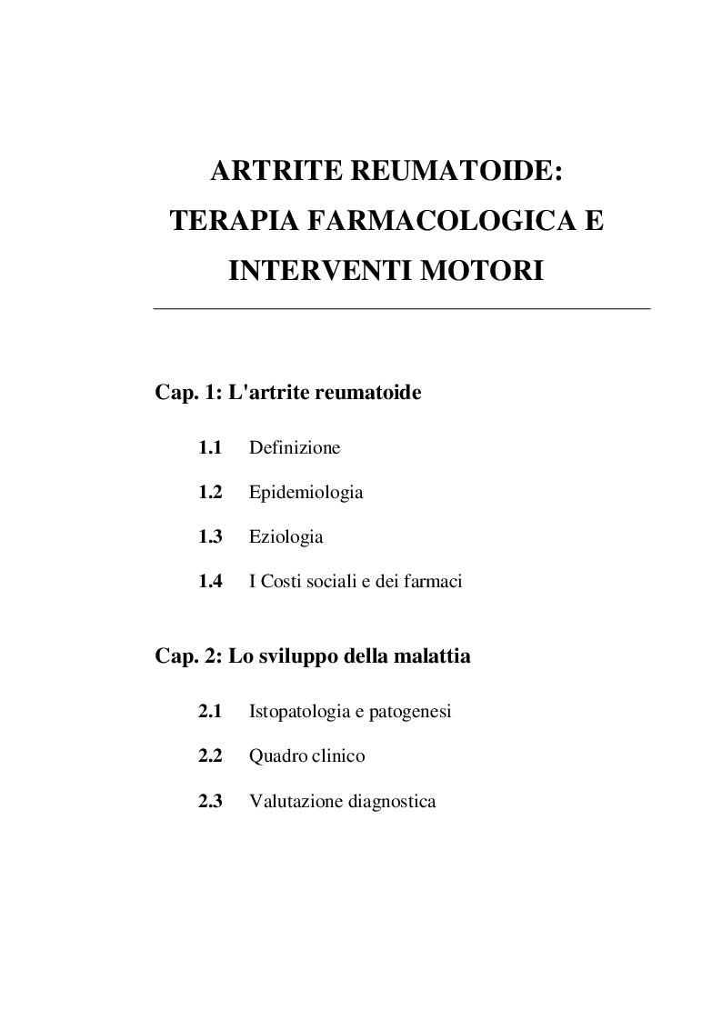 Indice della tesi: ARTRITE REUMATOIDE: terapia farmacologica e interventi motori, Pagina 1