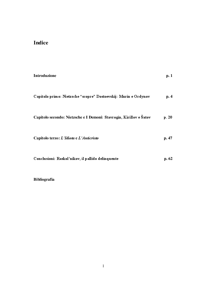 Indice della tesi: Nietzsche e Dostoevskij, Pagina 1