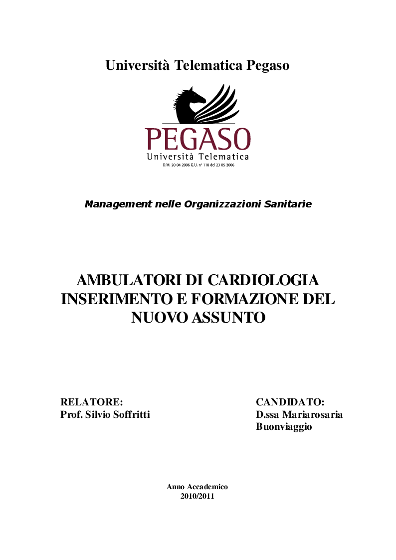 Anteprima della tesi: Ambulatori di cardiologia - Inserimento e formazione del nuovo assunto, Pagina 1
