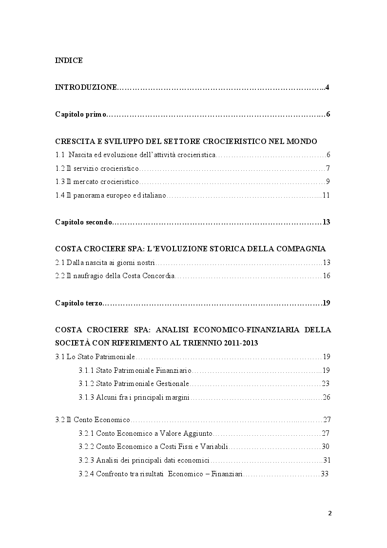 Indice della tesi: Analisi economico-finanziaria: il caso Costa Crociere, Pagina 1
