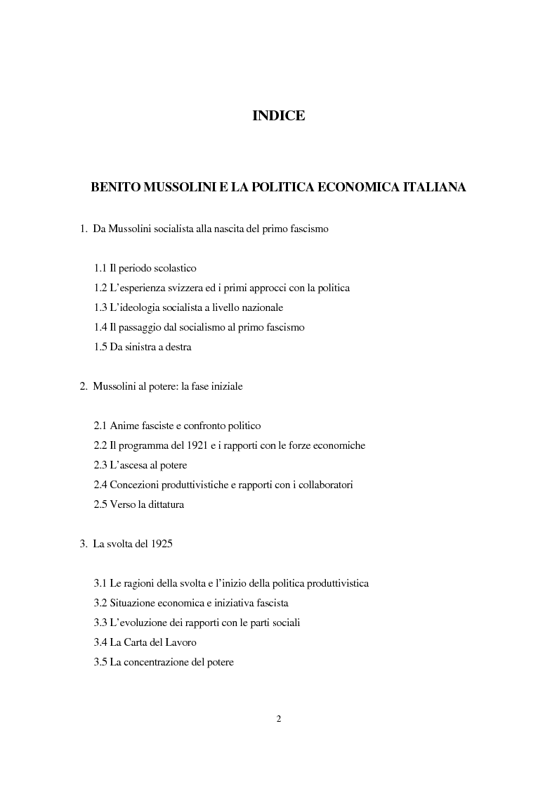 Indice della tesi: Benito Mussolini e la politica economica italiana, Pagina 1