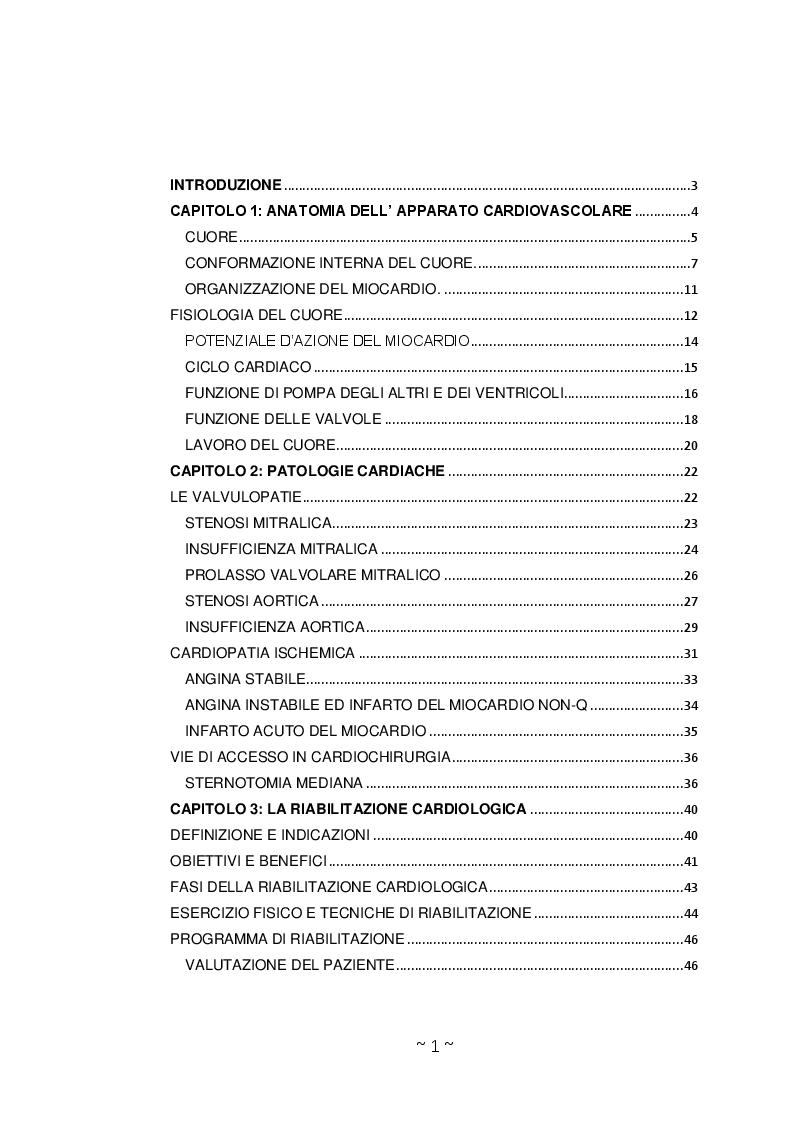 Indice della tesi: Risultati della riabilitazione cardiologica: differenze di genere, Pagina 1