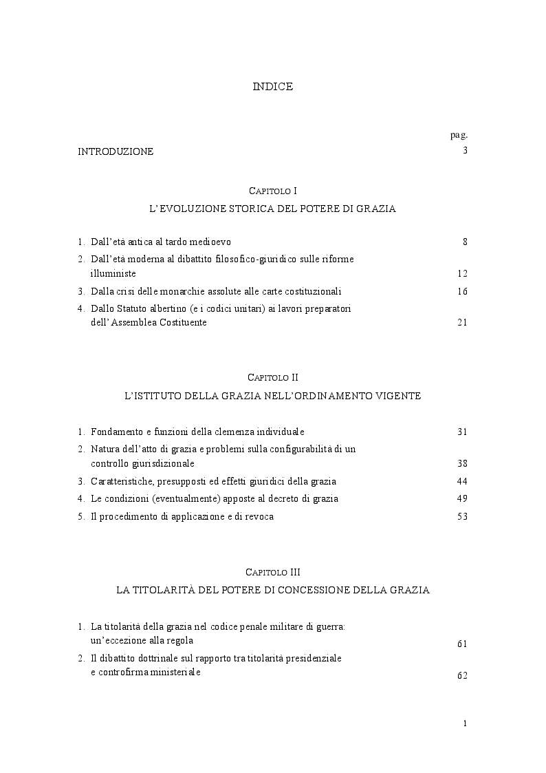 Indice della tesi: L'istituto della grazia nell'ordinamento costituzionale italiano, Pagina 1