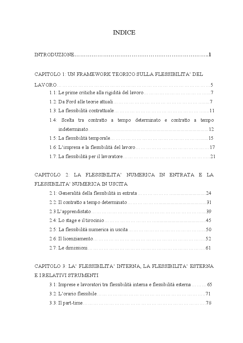 Indice della tesi: Flessibilità delle risorse umane: forme, strumenti e implicazioni per i soggetti lavoratori , Pagina 1