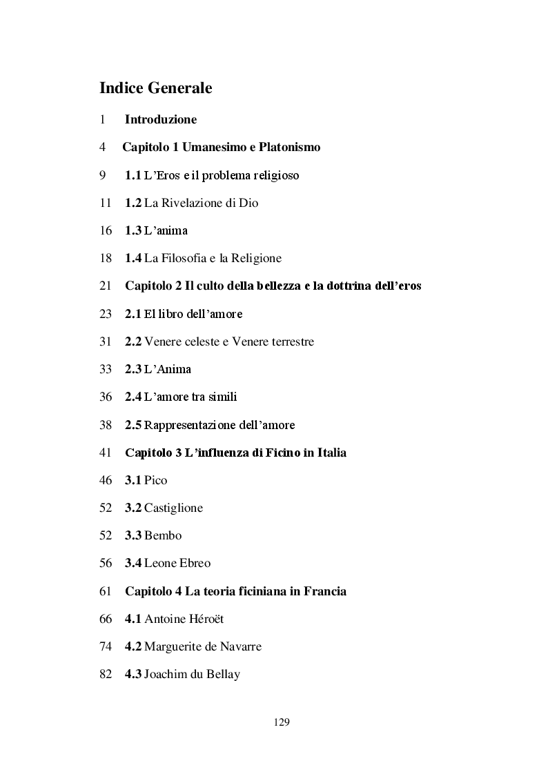 Indice della tesi: Ricostruzione critico-culturale della dottrina dell'amore come formulata da Ficino in studi di lingua francese: A.J.Festugiére e Marcel Raymond, Pagina 1