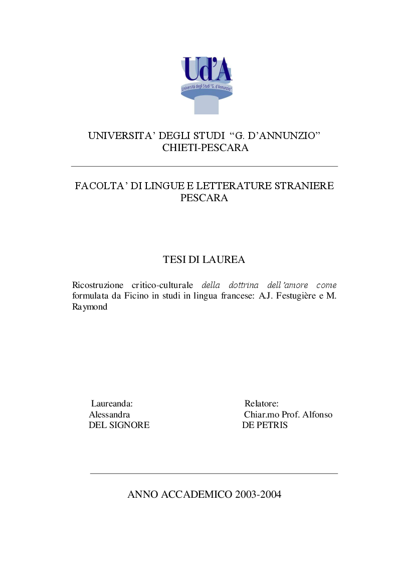 Anteprima della tesi: Ricostruzione critico-culturale della dottrina dell'amore come formulata da Ficino in studi di lingua francese: A.J.Festugiére e Marcel Raymond, Pagina 1