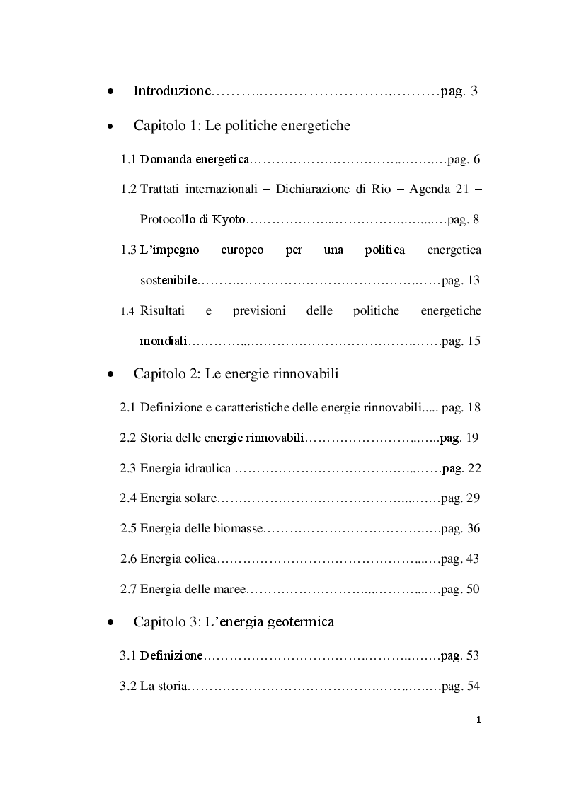Indice della tesi: Le fonti energetiche rinnovabili - L'energia geotermica, Pagina 1