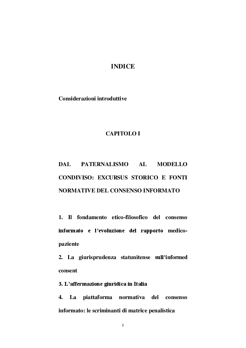 Indice della tesi: Il consenso informato nell'era del riconoscimento dei diritti, Pagina 1