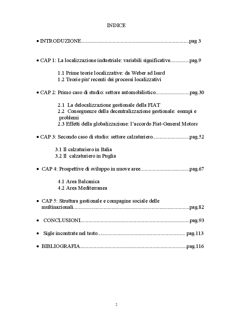 Indice della tesi: Il decentramento delle attività produttive: influenza dei costi di trasporto, Pagina 1