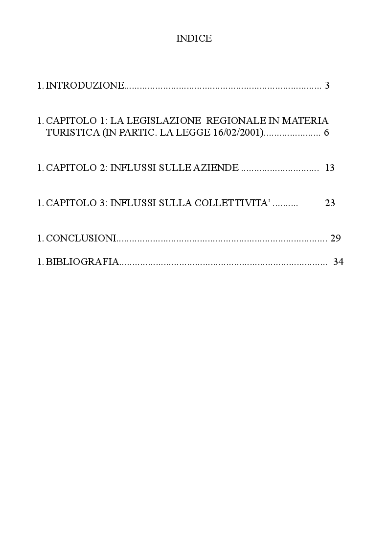Indice della tesi: Le politiche regionali per il sostegno al settore turistico, Pagina 1