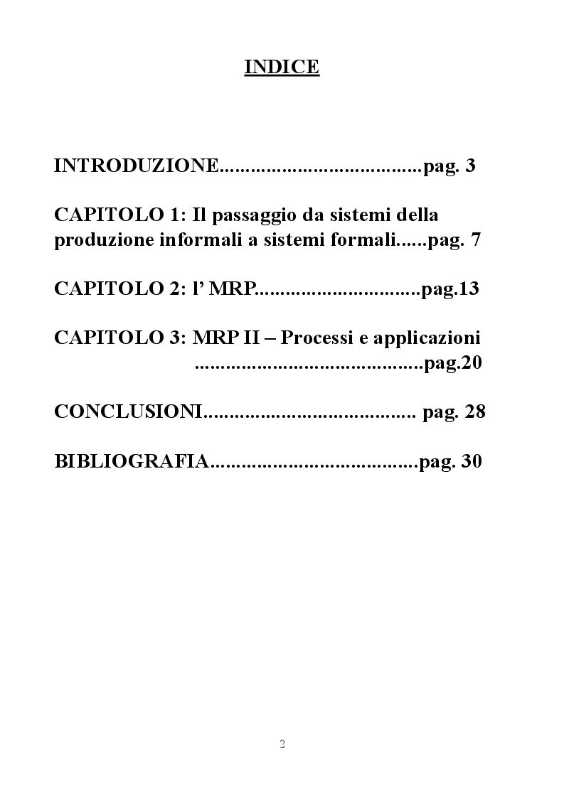 Indice della tesi: Modelli formali di pianificazione della produzione:l' MRP, Pagina 1