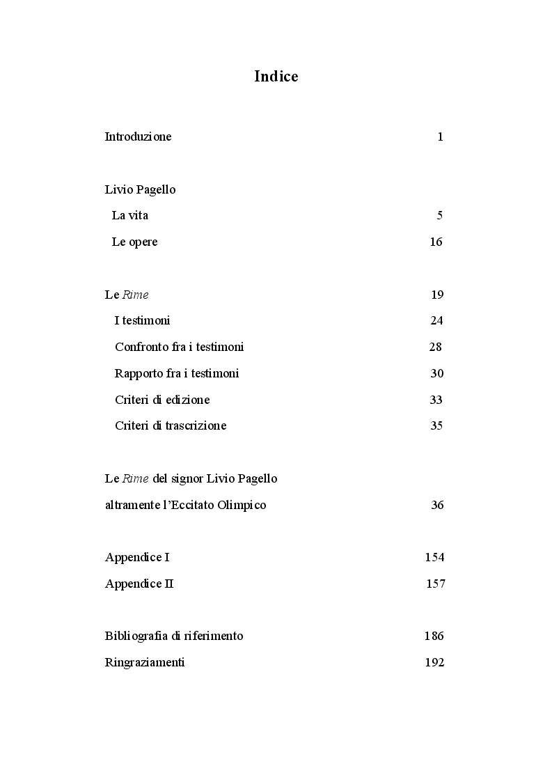 Indice della tesi: Livio Pagello, poeta e accademico olimpico, Pagina 1