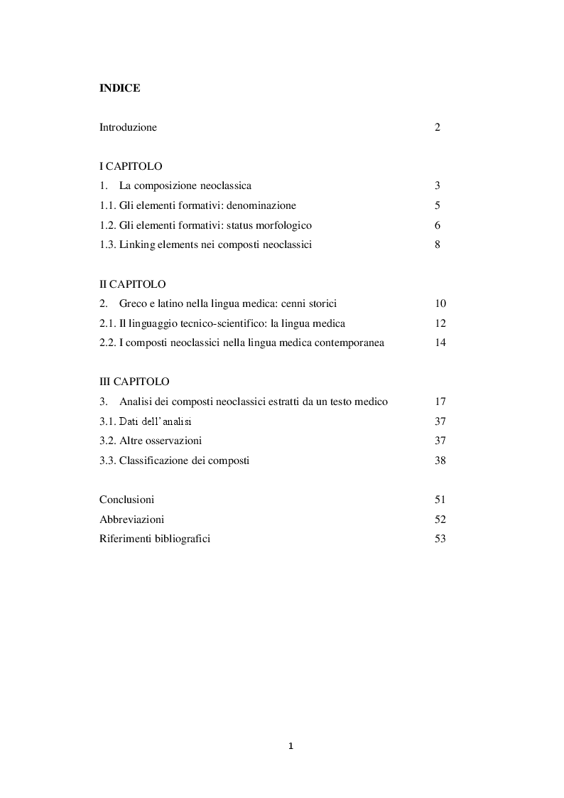 Indice della tesi: I composti neoclassici in un testo medico, Pagina 1