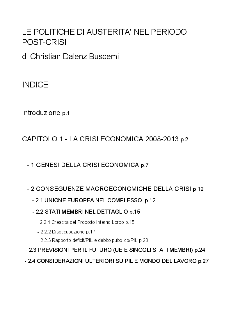 Indice della tesi: Le politiche di austerità nel periodo post-crisi, Pagina 1
