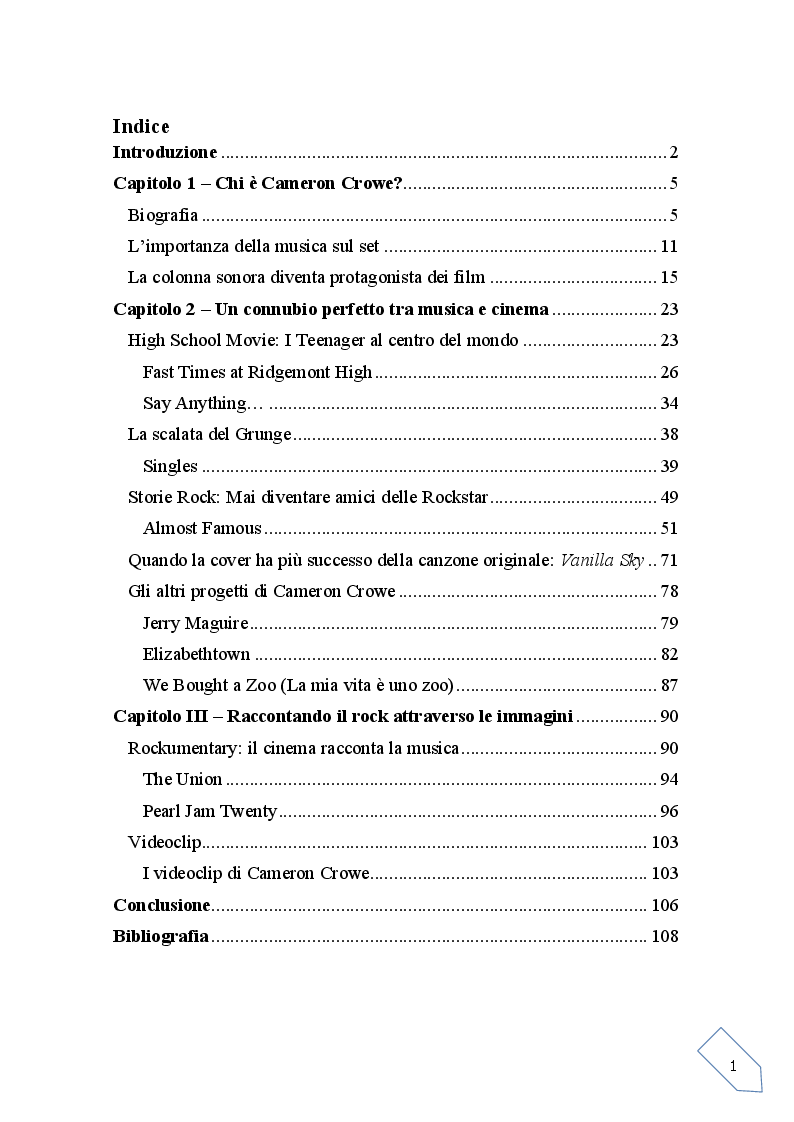 Indice della tesi: Cameron Crowe: Il mix perfetto tra cinema e musica, Pagina 1